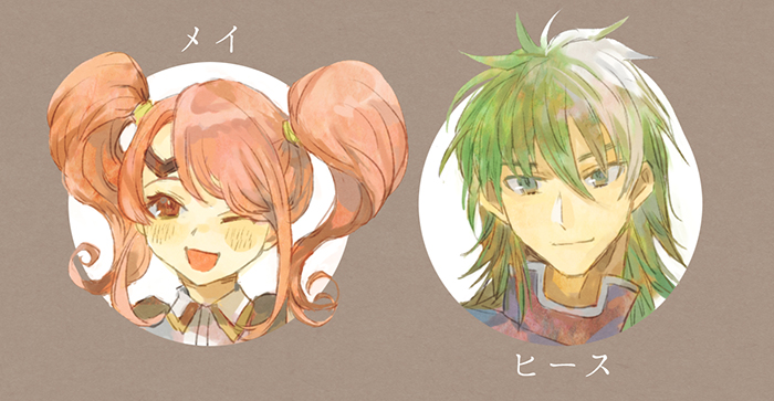 1boy 1girl brown_background circlet fire_emblem fire_emblem:_the_blazing_blade fire_emblem_echoes:_shadows_of_valentia green_eyes green_hair heath_(fire_emblem) mae_(fire_emblem) multicolored_hair nintendo one_eye_closed open_mouth pink_hair portrait red_eyes shourou_kanna simple_background twintails two-tone_hair white_hair