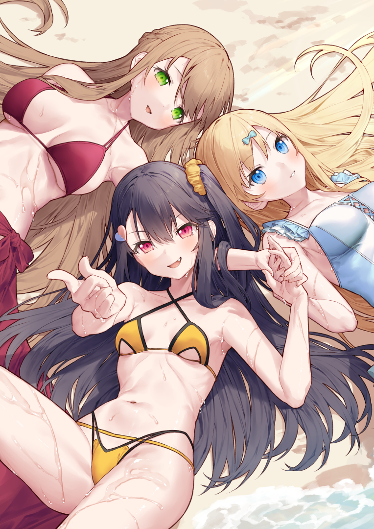 3girls beach bikini black_hair blonde_hair blue_eyes brown_hair commentary_request fang green_eyes hair_ornament hair_scrunchie hanashiro_yuuka holding_hands itou_chieri long_hair looking_at_viewer lying multiple_girls munakata_hinano on_back one-piece_swimsuit open_mouth original red_bikini red_eyes sand scrunchie smile swimsuit tokuno_yuika yellow_bikini yellow_scrunchie