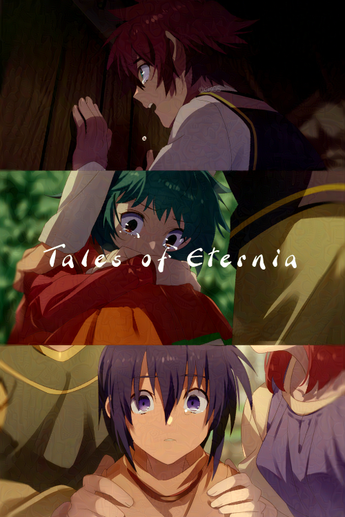 1girl 2boys aged_down blue_hair copyright_name crying crying_with_eyes_open echo_(circa) farah_oersted keele_zeibel multiple_boys open_mouth red_hair reid_hershel short_hair tales_of_(series) tales_of_eternia tearing_up tears