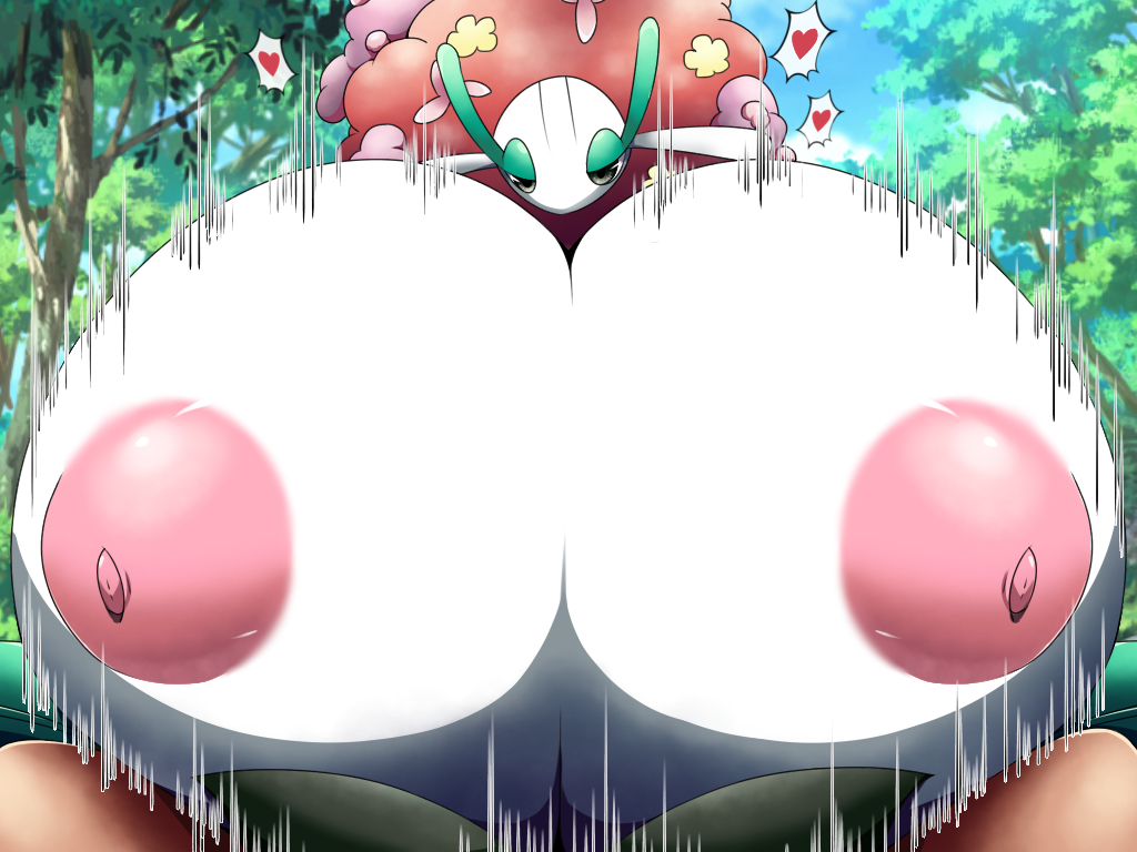 1boy 1girl breasts colored_skin day florges florges_(red_flower) gen_6_pokemon gigantic_breasts half-closed_eyes heart hetero looking_at_viewer motion_lines nintendo nipples norio_(pheromosa_times) outdoors paizuri pokemon pokephilia pov sky tree white_skin