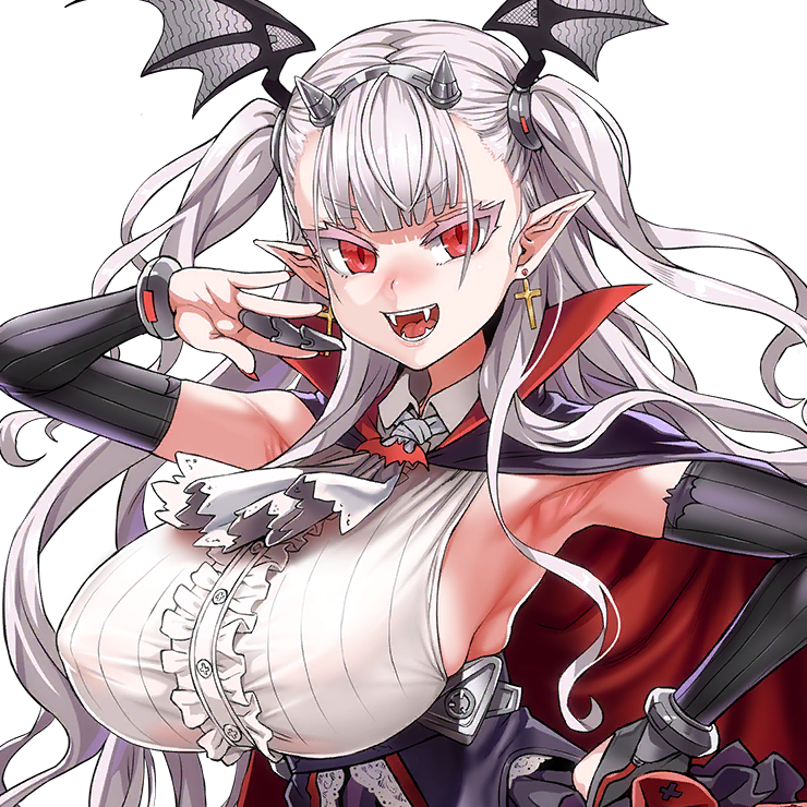 1girl armpits asanagi ascot bat_ornament bat_wings blunt_bangs breasts bridal_gauntlets cape colored_eyelashes covered_erect_nipples cross cross_earrings draculina_(last_origin) dress earrings elbow_gloves eyebrows_hidden_by_hair eyelashes fake_horns fangs female_focus game_cg gloves hairband hand_on_own_hip head_ornament high_collar horns huge_breasts jewelry last_origin long_hair looking_at_viewer official_art ojou-sama_pose open_mouth pointy_ears red_eyes skindentation sleeveless sleeveless_dress slit_pupils smile teeth tight_clothes tight_dress transparent_background twintails two_side_up upper_body vampire wavy_hair white_hair wings