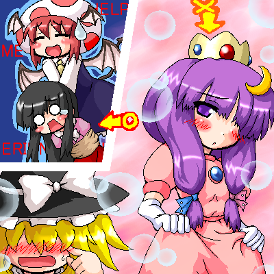 4girls =_= bat_wings black_hair blonde_hair blush blush_stickers bound bow brooch cosplay crescent crescent_hair_ornament crossover crown dress elbow_gloves english_text gloves gown hair_ornament hat head_wings houraisan_kaguya jewelry kirisame_marisa koakuma long_hair lowres mario_(series) multiple_girls myonde necktie nintendo o_o oekaki parody patchouli_knowledge pink_bow pink_dress princess princess_peach princess_peach_(cosplay) purple_hair red_hair rope super_marisa_world sweatdrop tasukete_eirin tears tied_up_(nonsexual) toad toad_(cosplay) toad_(mario) touhou wings witch_hat
