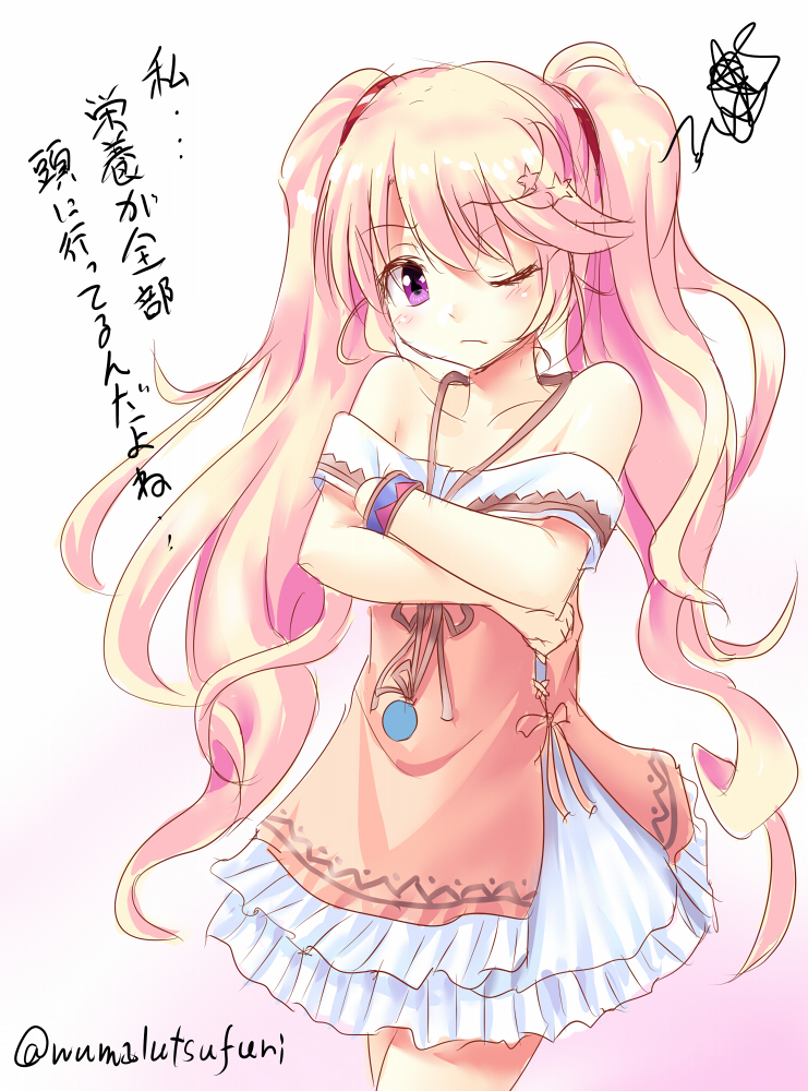 1girl blonde_hair breasts crossed_arms dress iris_mysteria! ladis_(iris_mysteria!) long_hair off_shoulder purple_eyes small_breasts twintails umarutsufuri