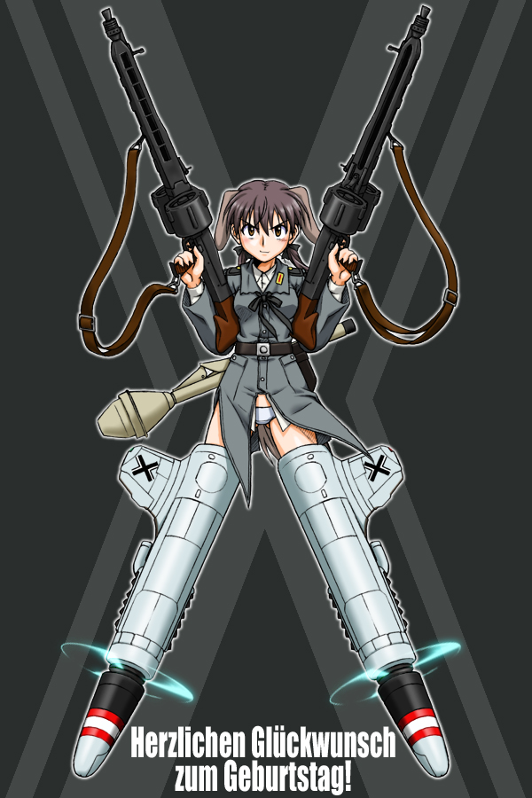 1girl animal_ears belt birthday black_belt black_ribbon blue_panties brown_eyes brown_hair closed_mouth commentary_request dog_ears dog_tail double-drum_magazine dress_shirt drum_magazine dual_wielding floating frown german_text gertrud_barkhorn grey_jacket gun hair_ribbon happy_birthday high-capacity_magazine high-explosive_anti-tank_(warhead) holding jacket long_sleeves looking_at_viewer low_twintails machine_gun magazine_(weapon) man-portable_anti-tank_systems medium_hair mg42 military military_uniform neck_ribbon no_pants oosaka_kanagawa panties panzerfaust partial_commentary recoilless_gun ribbon saddle-drum shirt sitting solo strike_witches striker_unit tail translated twintails underwear weapon white_shirt world_witches_series