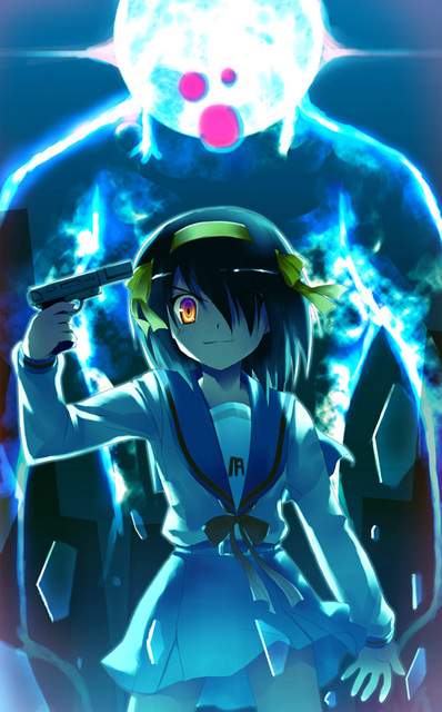 atlus celestial_(haruhi) duplicate gun gun_to_head parody persona persona_3 school_uniform suzumiya_haruhi suzumiya_haruhi_no_yuuutsu weapon