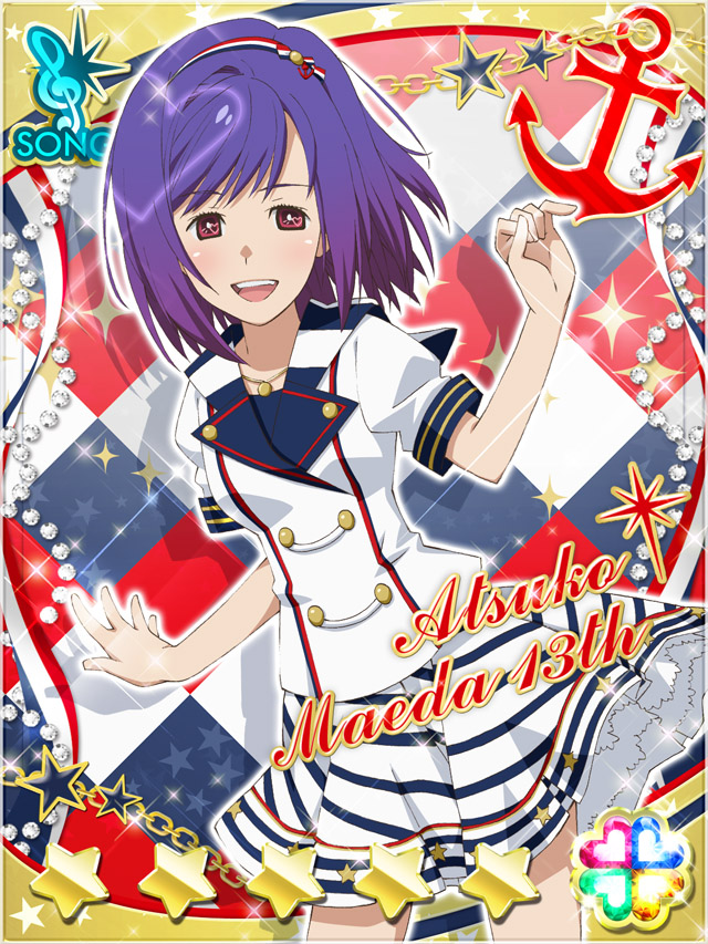 1girl :d akb0048 buttons card_(medium) character_name double-breasted dutch_angle hairband hand_up heart horizontal-striped_skirt maeda_atsuko_(akb0048) non-web_source official_art open_mouth purple_eyes shirt short_hair short_sleeves skirt smile solo sparkle star_(symbol) striped_clothes striped_skirt teeth three_quarter_view treble_clef upper_teeth_only white_shirt