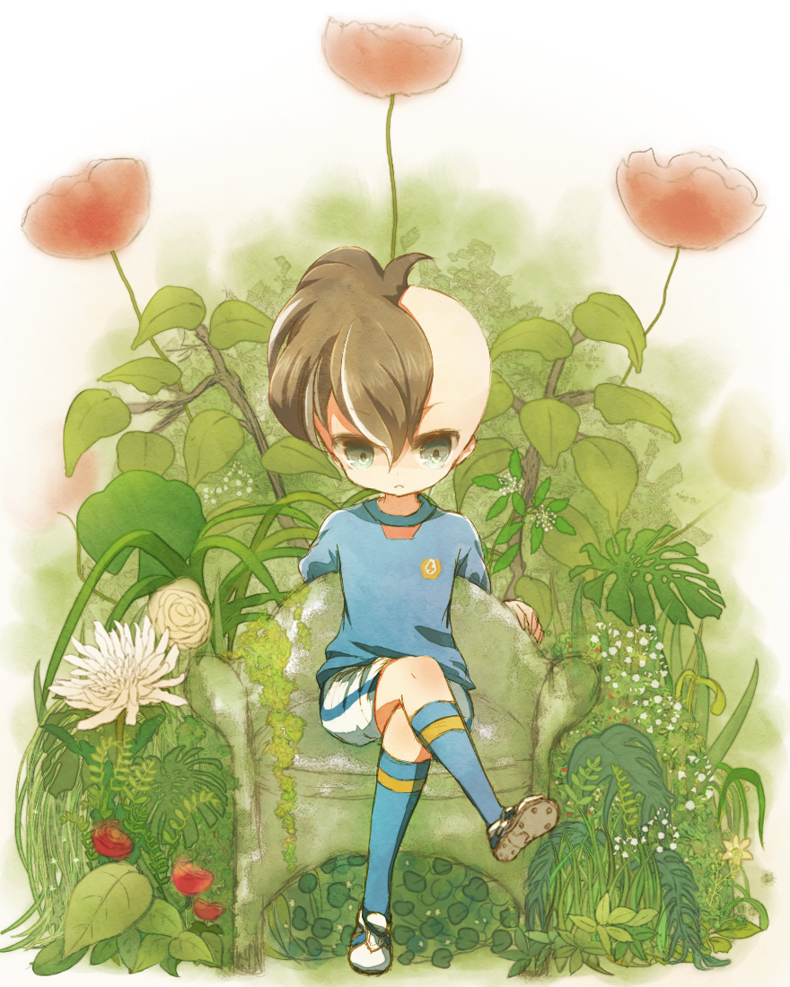1boy bad_id bad_pixiv_id brown_hair flower frown fudou_akio inazuma_eleven inazuma_eleven_(series) inazuma_japan lightning_bolt_symbol male_focus mohawk sitting soccer_uniform solo sportswear yoshida_(nono_ko)