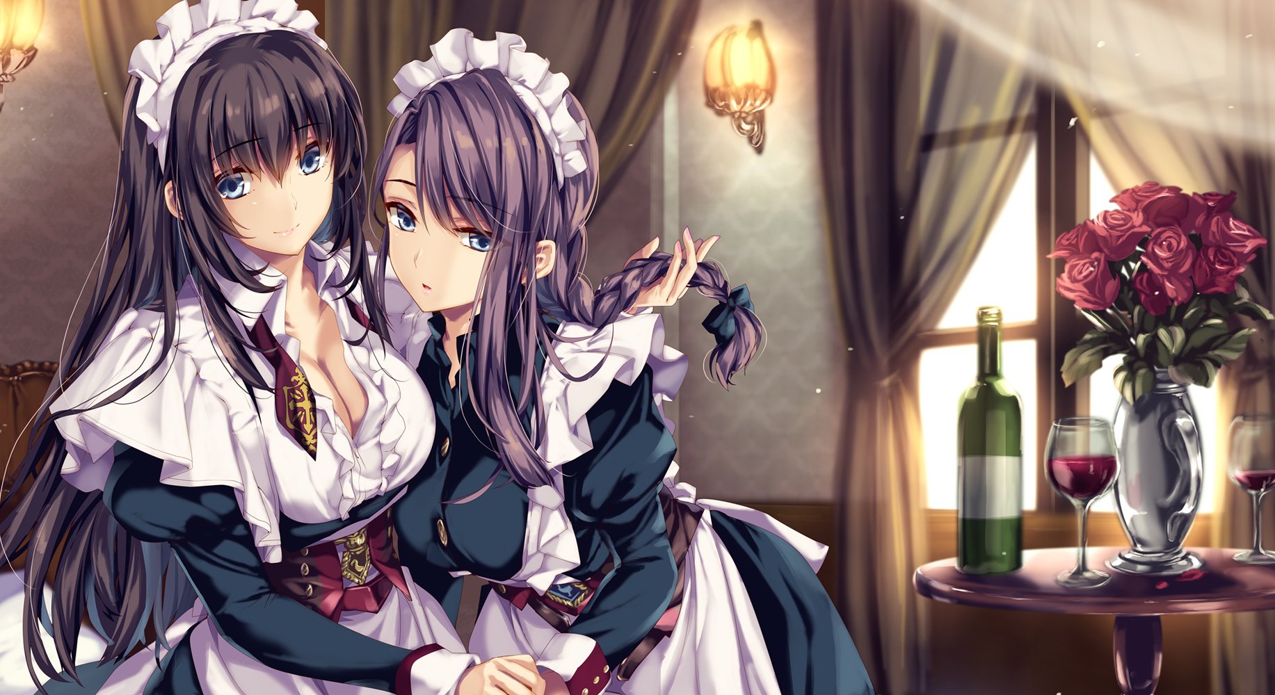 2girls azur_lane blue_eyes blush bottle bow braid breasts cleavage corset cup curacoa_(azur_lane) curacoa_(retrofit)_(azur_lane) curlew_(azur_lane) curlew_(retrofit)_(azur_lane) curtains day dress drinking_glass flower frills hair_between_eyes hair_bow highres holding holding_own_hair indoors jewelry juliet_sleeves large_breasts light long_hair long_sleeves maid maid_headdress monety multiple_girls open_mouth puffy_sleeves purple_hair red_flower red_rose rose sidelocks single_braid sleeve_cuffs smile vase window wine_glass