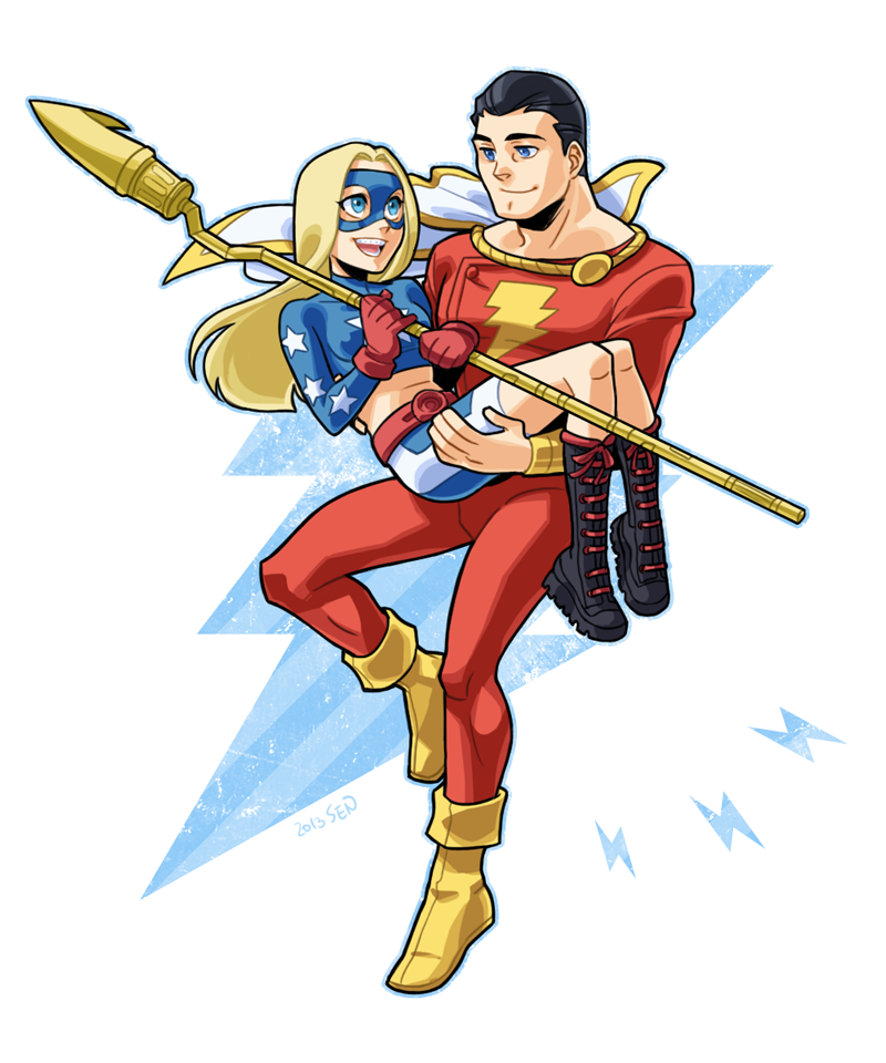 1boy 1girl belt billy_batson black_hair blonde_hair blue_eyes boots braces cape captain_marvel carrying courtney_whitmore crop_top dc_comics domino_mask gloves justice_society_of_america lace-up_boots lightning_bolt_symbol long_hair mask midriff princess_carry sen_(pixiv111638) shazam shoes shorts skin_tight smile staff stargirl yellow_footwear