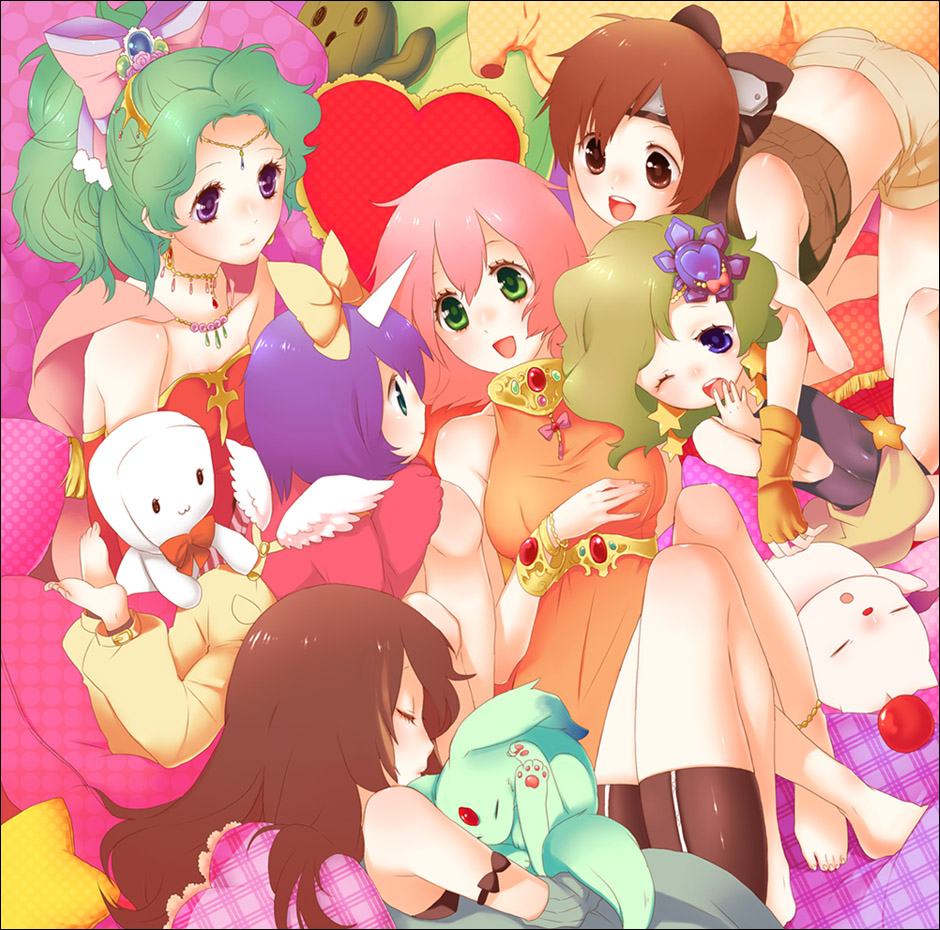 00s 1990s_(style) 6+girls black_eyes black_hair blue_eyes blue_hair bow carbuncle_(final_fantasy) child crossover eiko_carol closed_eyes final_fantasy final_fantasy_iv final_fantasy_ix final_fantasy_v final_fantasy_vi final_fantasy_vii final_fantasy_viii green_eyes green_hair horns lenna_charlotte_tycoon mekonu_(mknn) moogle multiple_girls orange_shirt pink_bow pink_hair rinoa_heartilly rydia_(ff4) sabotender shirt single_horn sleeping tina_branford whyt yawning aged_down yuffie_kisaragi