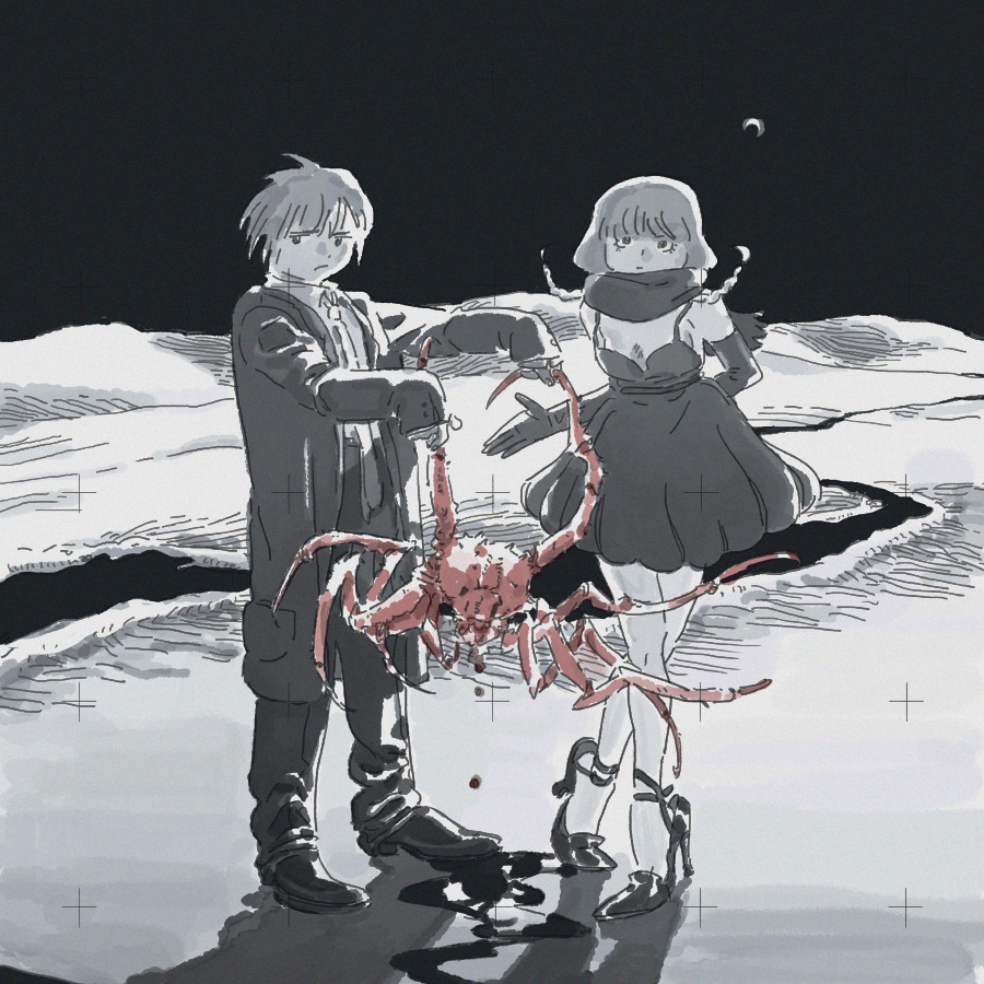 1boy 1girl amber389 animal annoyed arm_behind_back blood blood_drip blood_trail braid breasts closed_mouth coat collared_shirt commentary crab crescent_moon crossed_legs dead_animal dress elbow_gloves english_commentary expressionless frown full_body gloves greyscale high_heels holding holding_animal long_hair long_sleeves looking_at_viewer lunar_surface monochrome moon necktie open_clothes open_coat original pants scarf shirt shoes short_hair sideways_glance sleeveless sleeveless_dress sleeves_past_wrists small_breasts spot_color standing strappy_heels trench twin_braids viewfinder