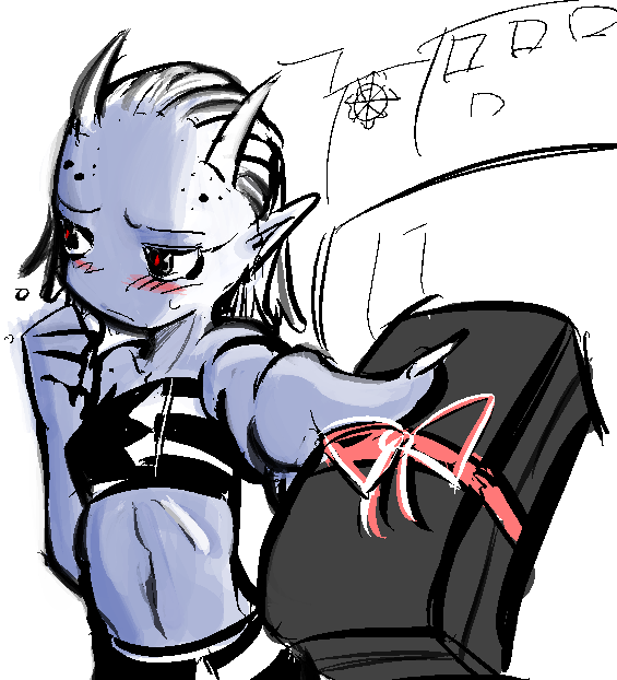1girl artist_request bare_shoulders black_sclera blue_skin blush chaos_(warhammer) chibi colored_sclera colored_skin daemonette demon demon_girl demon_horns dreadlocks elf_ear female_focus fingernails gift holding holding_gift horns incoming_gift long_fingernails midriff non-web_source pale_color pale_skin pointy_ears pov red_pupils shy solo strapless tsundere warhammer_40k