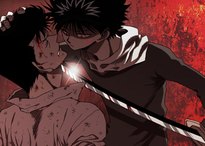 2boys bad_id bad_pixiv_id blood blood_on_face closed_eyes headband hiei holding holding_sword holding_weapon jungyun99 kuwabara_kazuma male_focus multiple_boys parted_lips pompadour red_eyes short_hair spiked_hair sword weapon yuu_yuu_hakusho