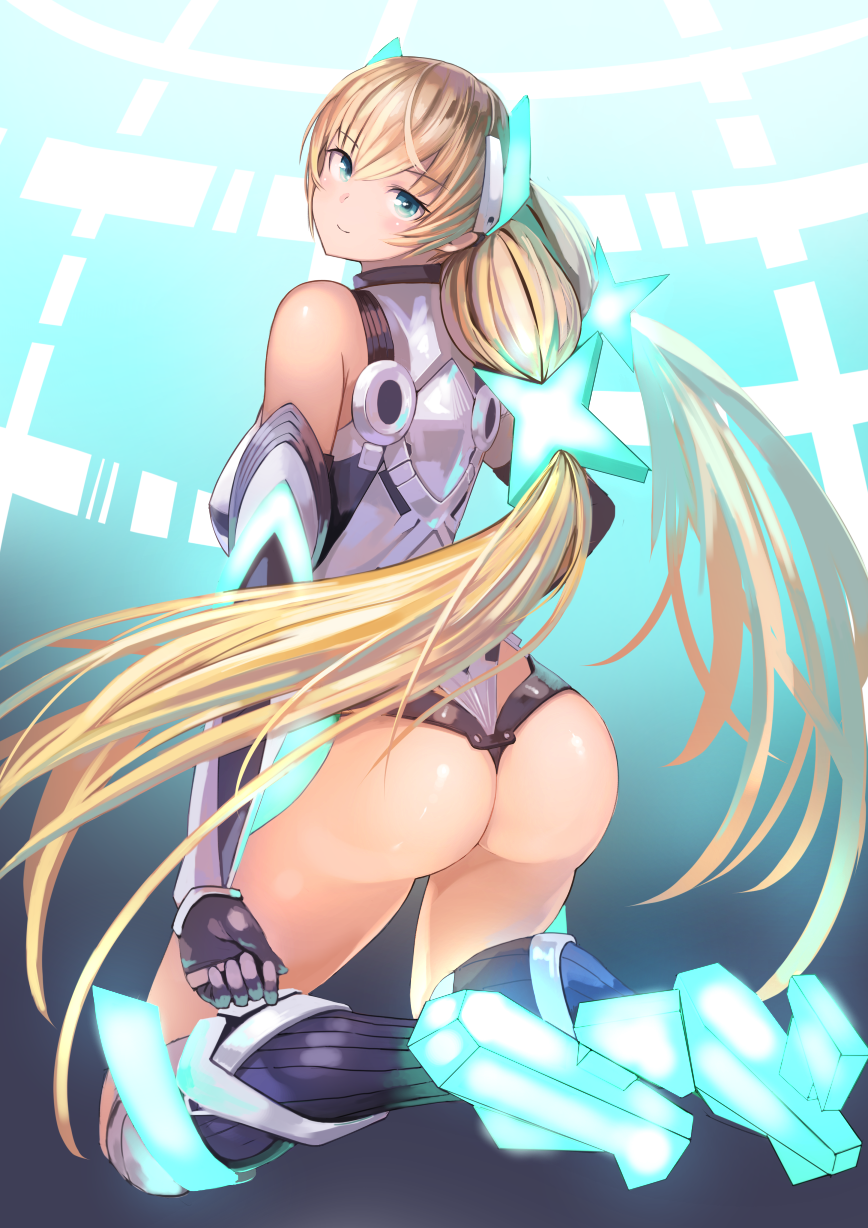 1girl angela_balzac aqua_background aqua_eyes ass bare_shoulders black_boots black_gloves black_legwear blonde_hair blue_eyes blush bodysuit boots breasts clenched_hand closed_mouth deva_battle_suit elbow_gloves female_focus from_behind from_side full_body gloves gradient_background hair_between_eyes hair_ornament halterneck hand_on_own_hip head_tilt headgear high_heel_boots high_heels highleg highleg_leotard highres knee_boots kneeling koruse large_breasts leotard light_smile long_hair looking_at_viewer looking_back low_twintails mecha_pilot_suit neon_trim pilot_suit rakuen_tsuihou smile solo thong thong_leotard turtleneck twintails very_long_hair