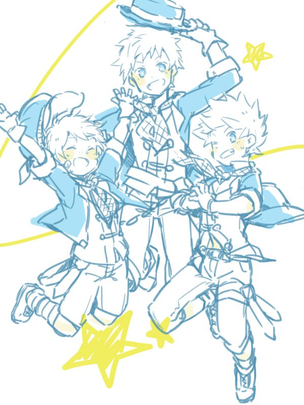 10s 3boys alec_(granblue_fantasy) alternate_costume blue_eyes closed_eyes gran_(granblue_fantasy) granblue_fantasy happy hat idolmaster idolmaster_side-m kadokoa kimi_to_boku_no_mirai male_focus multiple_boys parody sketch smile star_(symbol)
