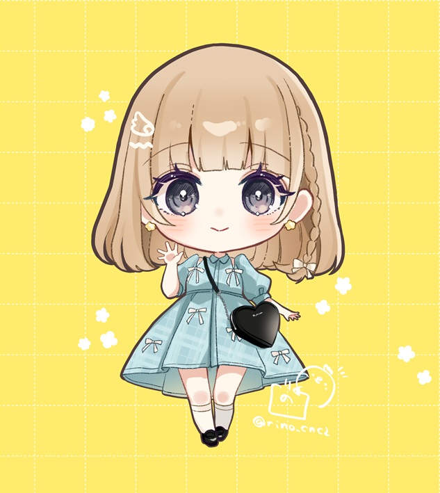 1girl bag black_shoes blue_dress blush bow braid brown_hair chibi closed_mouth collared_dress commentary_request dotted_line dress earrings full_body grey_eyes grid_background hair_bow hair_ornament hairclip hand_up heart-shaped_bag jewelry kneehighs loafers looking_at_viewer original puffy_short_sleeves puffy_sleeves rino_cnc shoes short_sleeves shoulder_bag single_braid smile socks solo star_(symbol) star_earrings white_bow white_socks wing_hair_ornament yellow_background