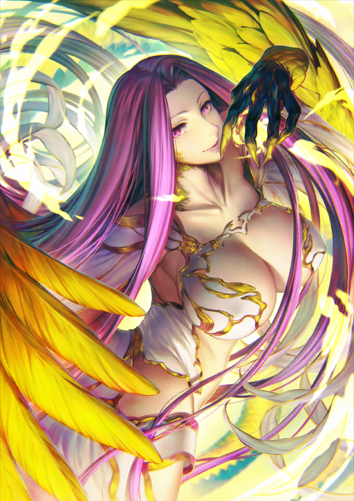 1girl black_skin breasts bustier claws cleavage cleavage_cutout closed_mouth clothing_cutout collarbone colored_extremities colored_skin cowboy_shot curtained_hair fate/grand_order fate_(series) feathered_wings feathers gold_trim gorgon_(fate) gorgon_(third_ascension)_(fate) hand_up huge_breasts lips long_hair looking_at_viewer medusa_(fate) monster_girl official_art purple_eyes purple_hair rider sideboob simosi skirt smile solo third-party_source twisted_torso underwear very_long_hair white_bustier white_skirt wings yellow_claws yellow_feathers yellow_scales