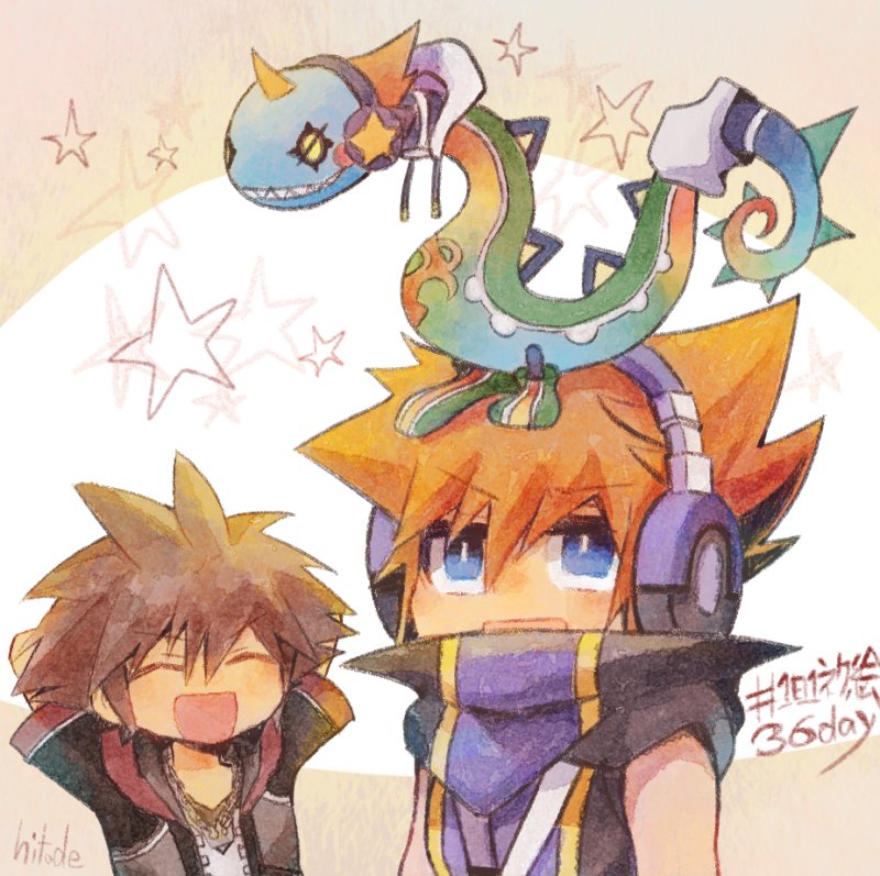 2boys animal animal_on_head arms_behind_head blue_eyes brown_hair closed_eyes collared_shirt dream_eater_(kingdom_hearts) headphones jewelry kingdom_hearts kingdom_hearts_3d:_dream_drop_distance multiple_boys necklace on_head open_mouth orange_hair sakuraba_neku shirt sora_(kingdom_hearts) spiked_hair star_(symbol) subarashiki_kono_sekai