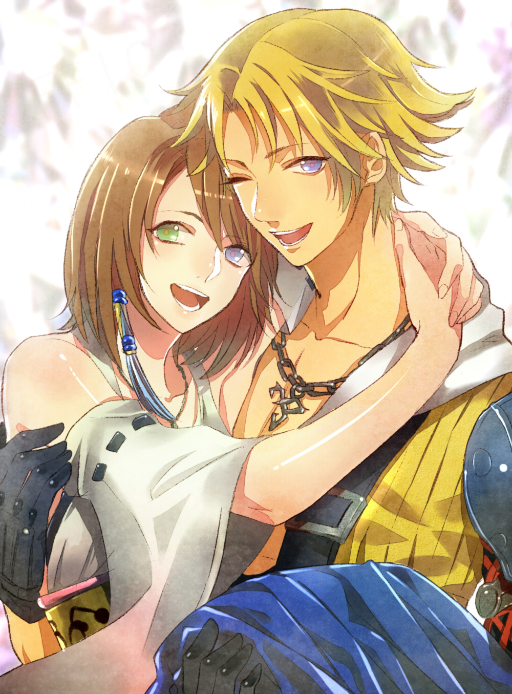 00s 1boy 1girl blonde_hair blue_eyes breasts brown_hair detached_sleeves final_fantasy final_fantasy_x green_eyes hair_ornament hakama hakama_skirt hetero heterochromia highres japanese_clothes jewelry mizu_no necklace short_hair skirt smile tidus yuna yuna_(ff10)