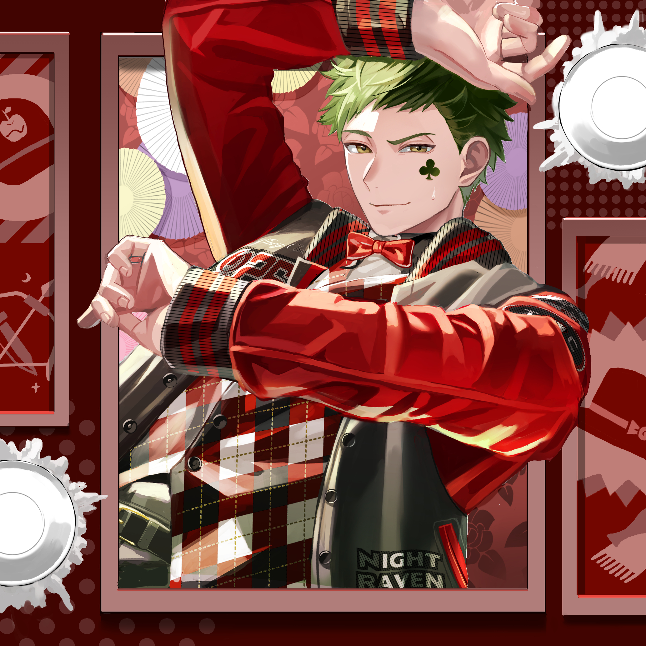 1boy arm_up chikuwa_glasses commentary_request food green_hair highres jacket letterman_jacket looking_at_viewer male_focus pie plaid_clothes plaid_vest red_jacket short_hair smile solo sweatdrop trey_clover twisted_wonderland upper_body vest yellow_eyes