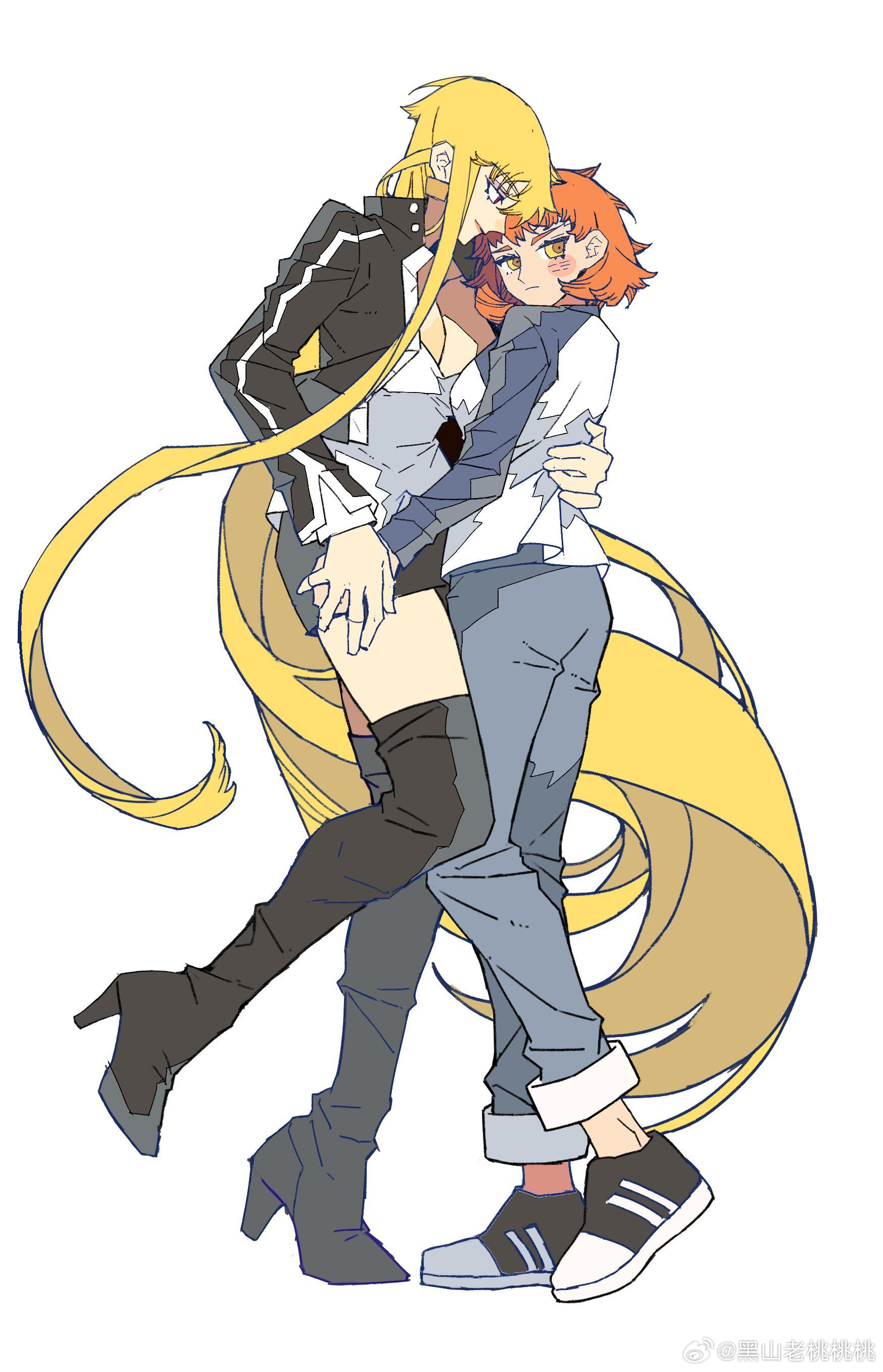 2girls absurdres black_eyes black_footwear black_jacket black_skirt blonde_hair blue_pants blue_sleeves blush_stickers bob_cut boots breasts chinese_commentary cleavage closed_mouth collared_jacket collared_shirt commentary_request cropped_jacket denim emiya_shirou eyelashes fate/stay_night fate_(series) full_body genderswap genderswap_(mtf) gilgamesh_(fate) gilgamesh_(immoral_biker_jacket)_(fate) hand_on_another's_back heads_together high_collar high_heel_boots high_heels highres holding_hands hug jacket jeans large_breasts layered_sleeves light_frown long_hair long_sleeves looking_at_another looking_to_the_side miniskirt momo_007 multiple_girls open_clothes open_jacket orange_hair pants pencil_skirt shirt shoes short_hair simple_background single_blush_sticker single_sidelock skirt smile sneakers standing thigh_boots very_long_hair watermark wavy_hair weibo_watermark white_background white_shirt yellow_eyes yuri
