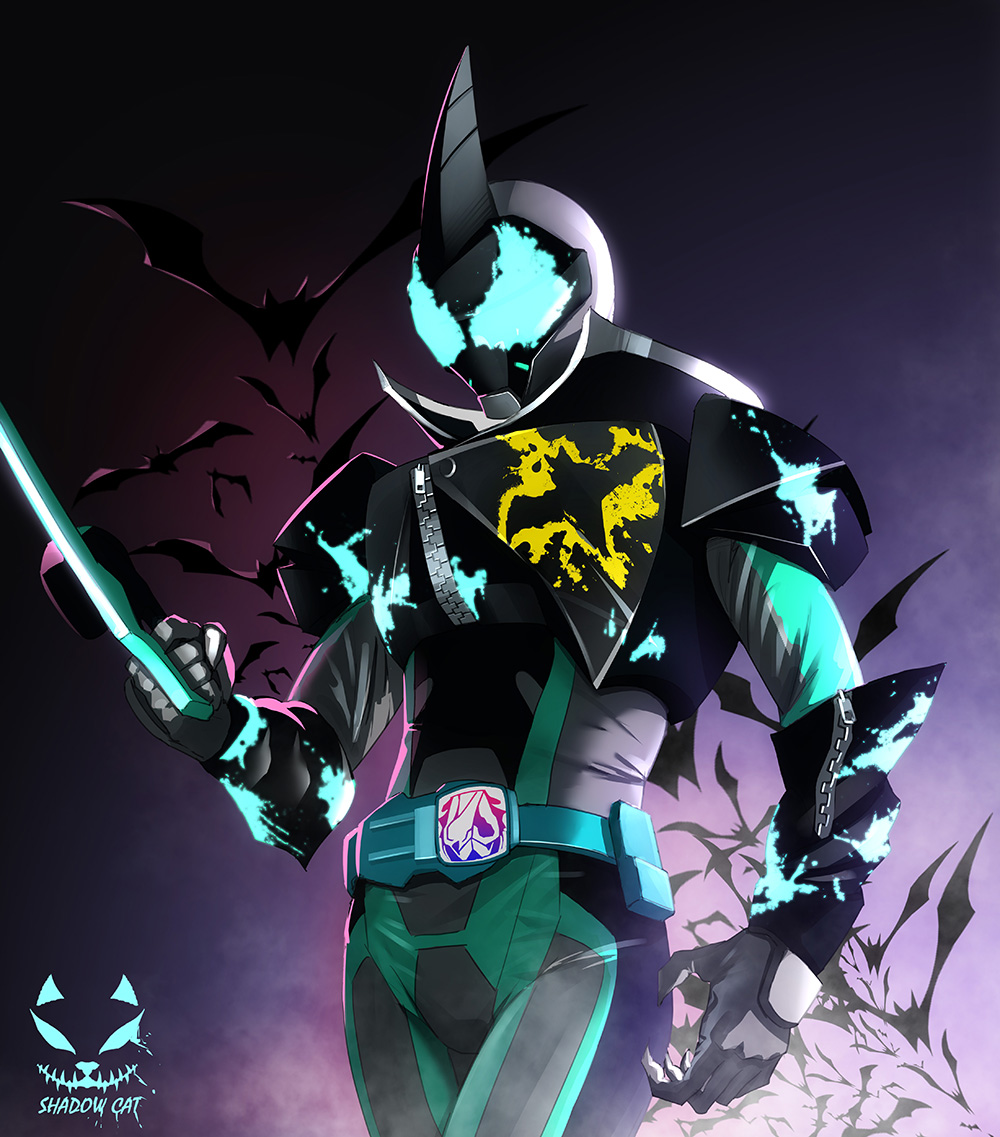 1boy armor bat_(animal) bat_genome black_armor boots dark_foreground evilblade flying gloves horns kamen_rider kamen_rider_evil kamen_rider_revice male_focus moon nature night night_sky rider_belt shadow_cat_(yingmiao) silver_footwear silver_gloves single_horn sky splatter splatter_print standing sword tokusatsu two_sidriver villain_pose weapon