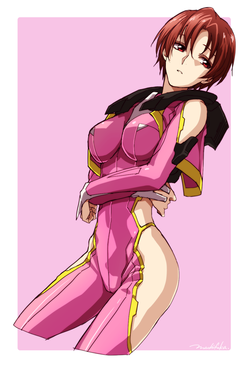 10s 1girl arm_cutout bodysuit breasts clothing_cutout cropped_legs crossed_arms female_focus hip_vent ikoma_yumi large_breasts looking_away machi_fuka mecha_pilot_suit pilot_suit pink_background red_eyes red_hair shiny_clothes short_hair side_cutout signature skin_tight solo soukyuu_no_fafner synergetic_suit