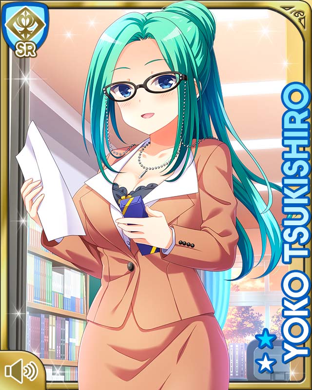 1girl black-framed_eyewear blue_eyes blush bookcase breasts brown_dress card_(medium) day dress female_focus girlfriend_(kari) glasses green_hair hair_bun indooors long_hair official_art open_mouth qp:flapper school shirt single_hair_bun smile solo tagme tanabata tsukishiro_youko white_shirt