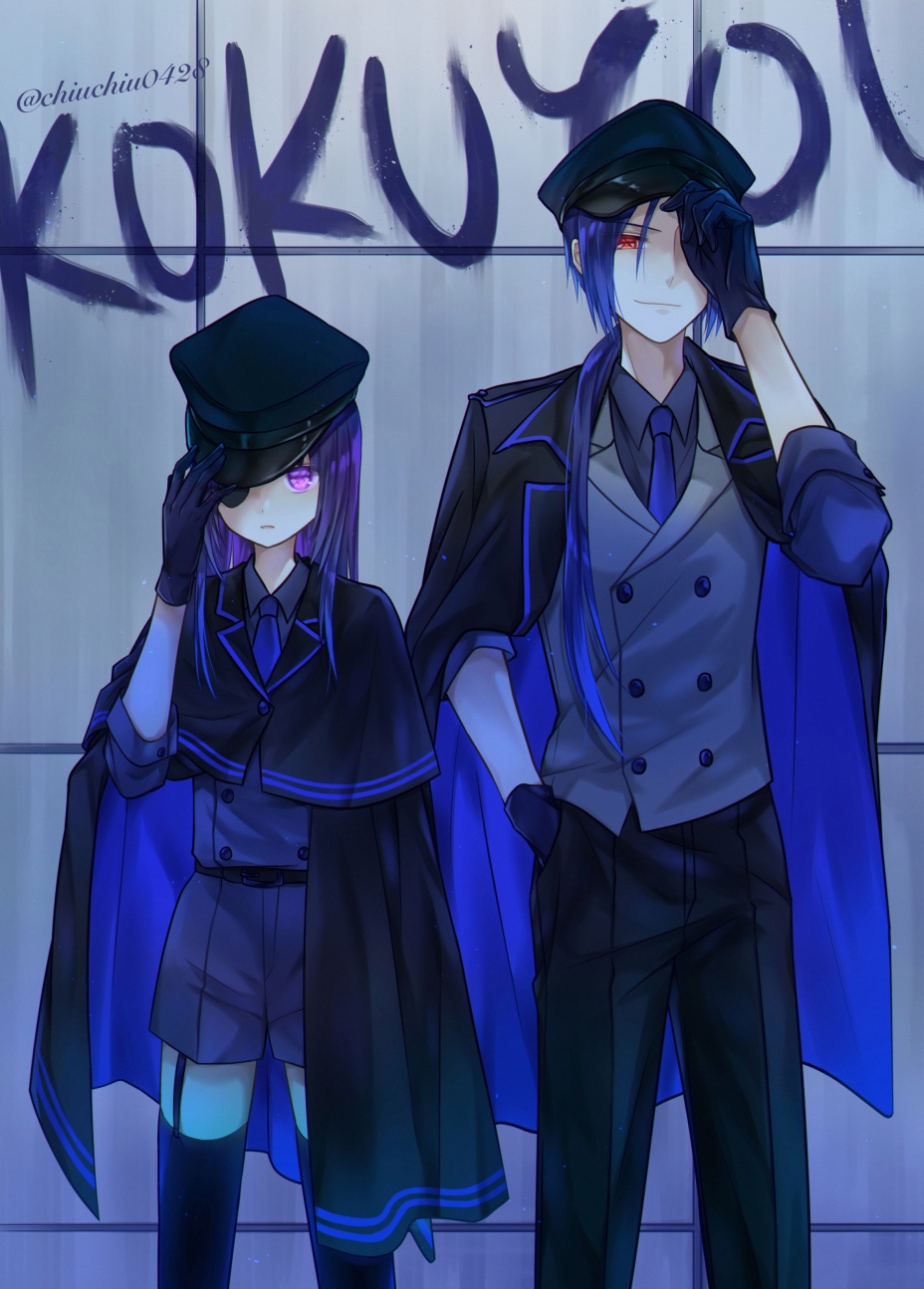 1boy 1girl alternate_costume blue_hair chrome_dokuro commentary_request eyepatch formal_clothes hand_in_pocket hat highres hihibi katekyo_hitman_reborn! long_hair looking_at_viewer matching_outfits necktie purple_eyes purple_hair red_eyes rokudou_mukuro smile