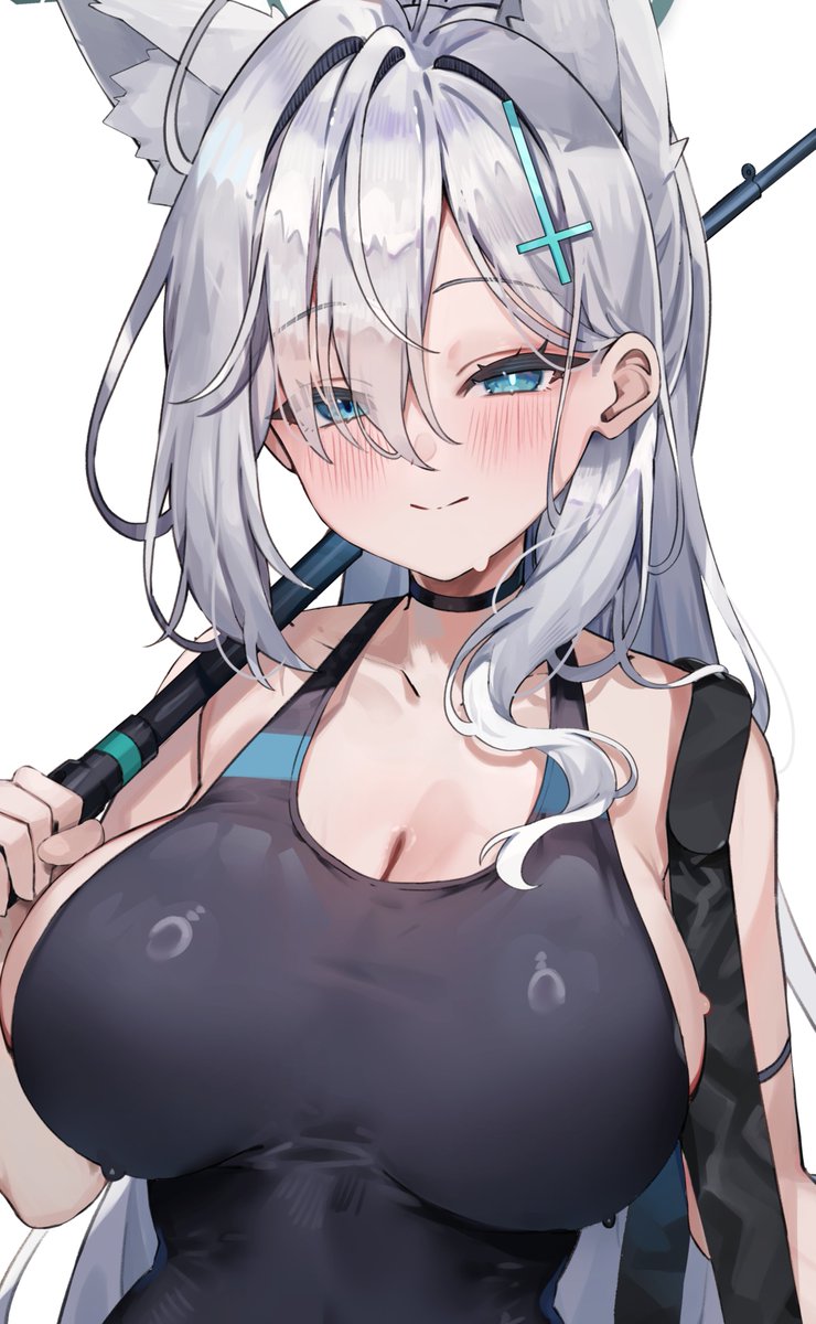 1girl animal_ear_fluff animal_ears black_choker black_one-piece_swimsuit blue_archive blue_eyes breasts choker cleavage close-up competition_swimsuit covered_navel cross cross_hair_ornament extra_ears fishing_rod gluteal_fold grey_hair hair_ornament highleg highleg_one-piece_swimsuit highres holding holding_fishing_rod impossible_clothes impossible_swimsuit inverted_cross kuroshiro_kanae large_breasts long_hair looking_at_viewer mismatched_pupils one-piece_swimsuit shiroko_(blue_archive) shiroko_terror_(blue_archive) smile solo swimsuit wolf_ears wolf_girl