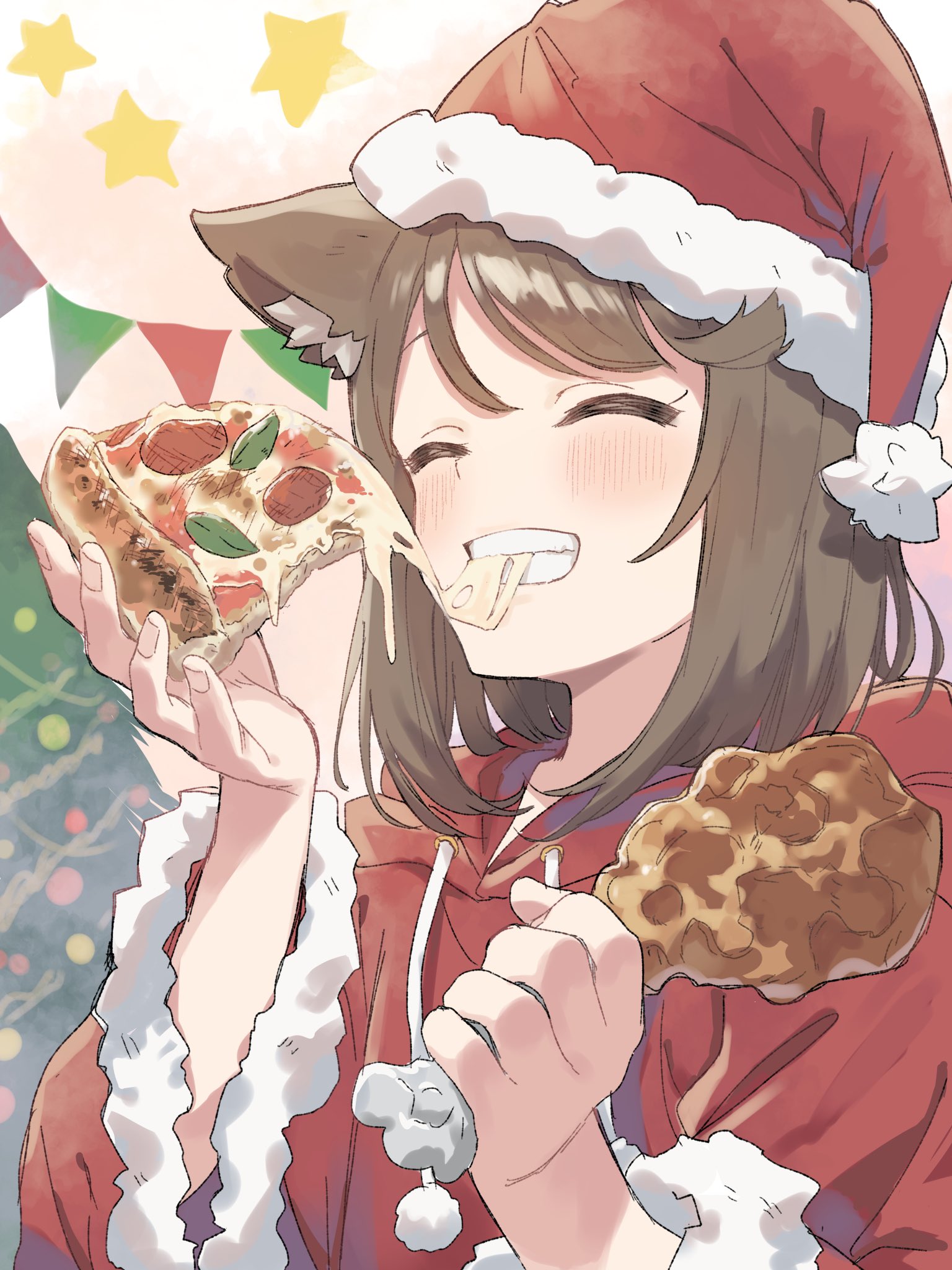 1girl ^_^ animal_ear_fluff animal_ears biting blush brown_hair chicken_(food) chicken_leg chinagi_(kohitsujida) christmas_tree closed_eyes food fur-trimmed_headwear fur-trimmed_hoodie fur_trim hat highres holding holding_food holding_pizza hood hood_down hoodie kohitsujida long_sleeves medium_hair original pizza pom_pom_(clothes) red_hat red_hoodie santa_costume santa_hat smile solo star_(symbol) teeth upper_body wide_sleeves wolf_ears wolf_girl