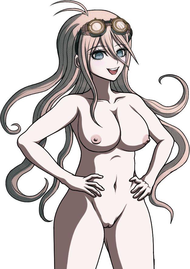 1girl ahoge blonde_hair blue_eyes breasts cheeeeeeeeeeeeen collarbone completely_nude danganronpa_(series) danganronpa_v3:_killing_harmony eyebrows eyelashes female_focus gluteal_fold goggles goggles_on_head hands_on_own_hips iruma_miu large_breasts long_hair looking_at_viewer navel nipples nude open_mouth pussy solo solo_focus teeth third-party_edit tongue transparent_background upper_teeth_only