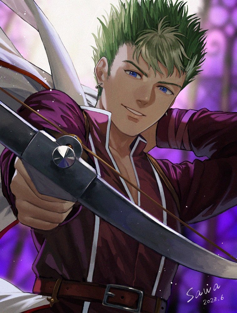 1boy aiming artist_name belt blue_eyes bow_(weapon) collar collared_jacket commentary_request eiyuu_densetsu green_hair holding holding_bow_(weapon) holding_jacket holding_unworn_clothes holding_weapon jacket kevin_graham looking_at_viewer male_focus parted_lips purple_background purple_jacket sawaponu3 short_hair solo sora_no_kiseki stained_glass teeth unworn_jacket weapon white_jacket