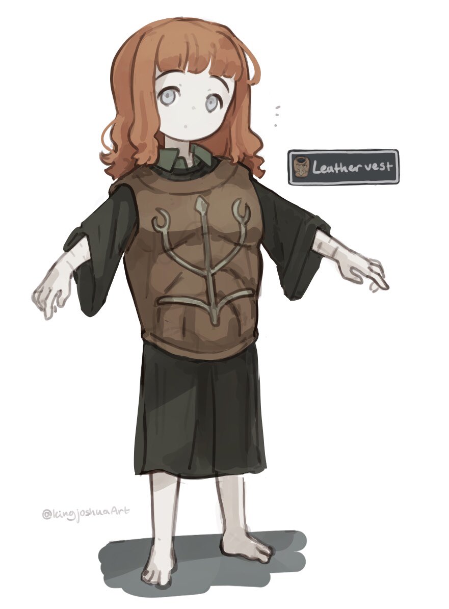 1girl armor barefoot black_robe blunt_bangs child closed_mouth commentary dot_mouth dot_nose fear_&amp;_hunger_(series) fear_&amp;_hunger_1 full_body gameplay_mechanics grey_eyes kingjoshua leather_armor looking_at_viewer medium_hair orange_hair oversized_clothes robe scar scar_on_arm solo the_girl_(fear_&amp;_hunger) twitter_username white_background