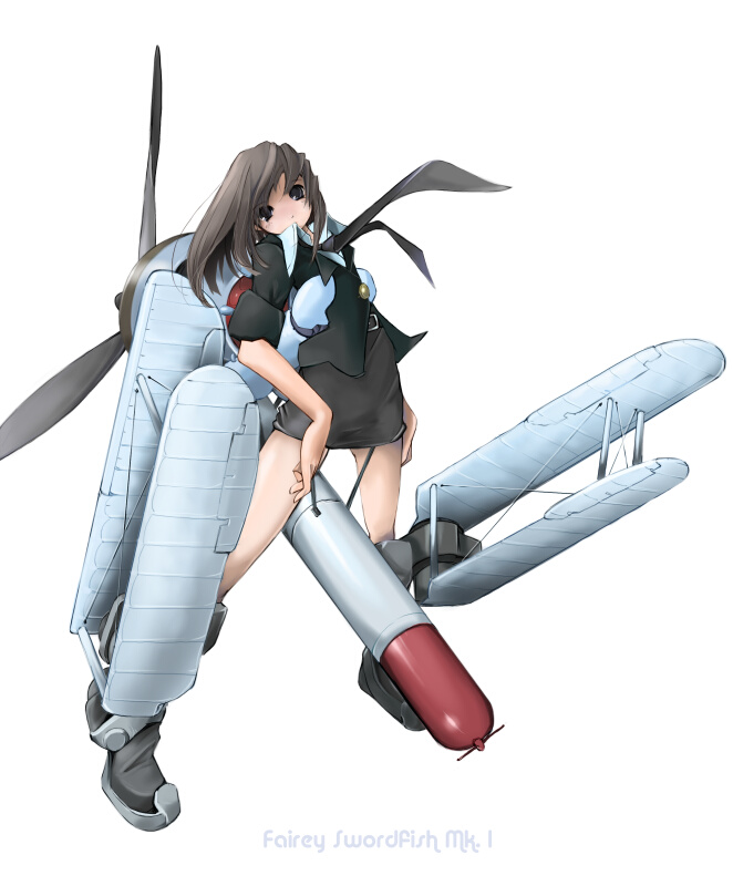 1girl aircraft airplane biplane brown_hair fairey_swordfish female_focus full_body long_hair mecha_musume military nano_(nanosize) necktie original propeller simple_background solo torpedo white_background world_war_ii