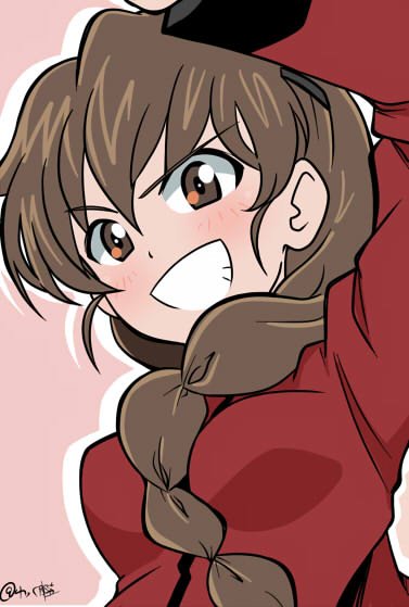 1girl breasts brown_eyes brown_hair girls_und_panzer jacket long_braid long_hair long_sleeves open_mouth red_jacket rukuriri_(girls_und_panzer) signature smile st._gloriana&#039;s_military_uniform wakku_kan