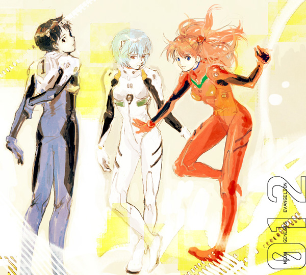 1boy 2girls ayanami_rei bad_id bad_pixiv_id black_eyes black_hair blue_eyes blue_hair bodysuit ikari_shinji interface_headset_(evangelion) looking_back mecha_pilot_suit multiple_girls neon_genesis_evangelion neon_genesis_evangelion_(manga) niko_(silent.whitesnow) orange_hair plugsuit_(evangelion) short_hair souryuu_asuka_langley