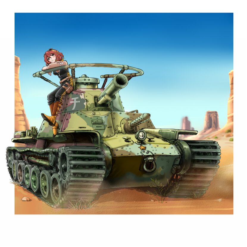 1girl artist_request breasts brown_eyes caterpillar_tracks comiket_88 day desert female_focus metal_max military military_vehicle motor_vehicle red_hair sarukichi_(chiekichi) short_hair sky solo tank type_97_chi-ha