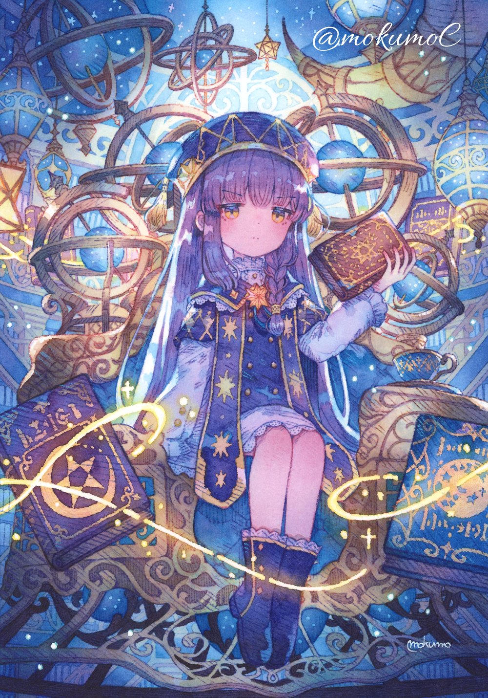 1girl ankle_boots blue_boots blue_hat blue_jacket book boots braid brooch celestial_globe chair closed_mouth commentary_request cup dot_nose dress frilled_boots frilled_sleeves frills full_body grimoire hanging_lantern hat hatching_(texture) highres holding holding_book jacket jewelry jitome lantern library light_trail long_hair long_sleeves looking_at_viewer mokumo original painting_(medium) purple_hair shelf side_braid sidelocks signature sitting skirt solo star_(sky) star_(symbol) star_brooch teacup traditional_media twitter_username very_long_hair watercolor_(medium) white_dress white_skirt yellow_eyes