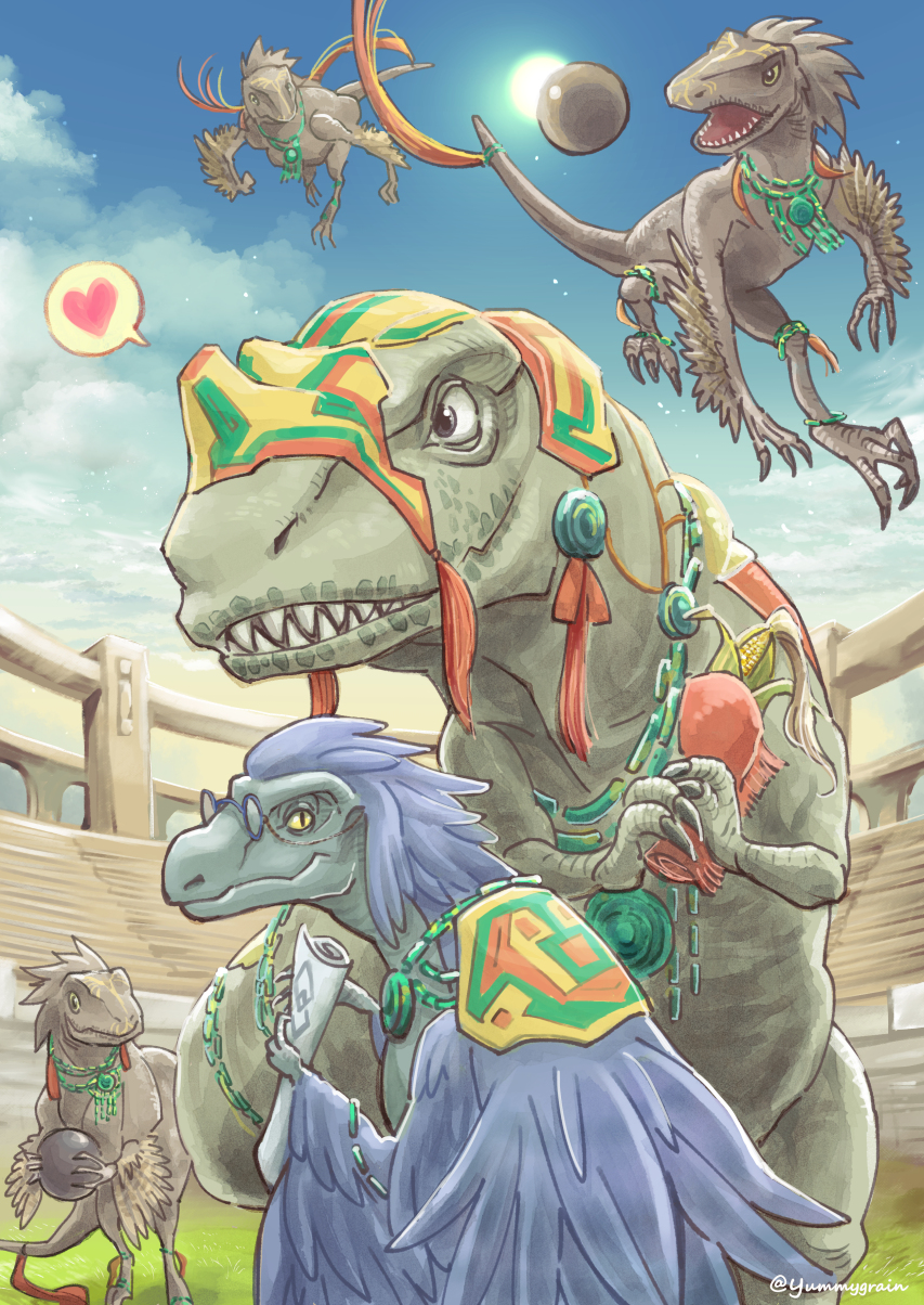 ball colored_sclera corn corn_cob deinonychus_brother_(fate) dinosaur fangs fate/grand_order fate_(series) feathers glasses heart highres jewelry misuke_(gyouran) necklace scroll sharp_teeth spoken_heart stadium teeth tepeu_(fate) twitter_username wakchan yellow_sclera