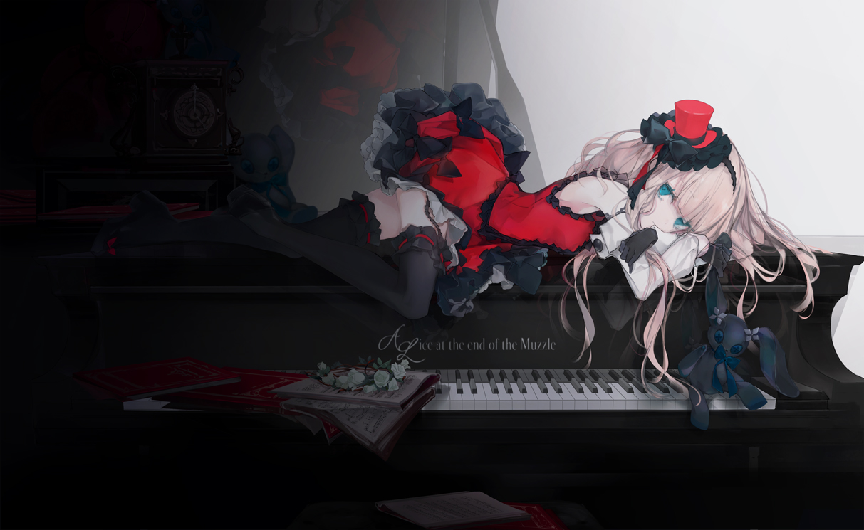 1girl black_gloves black_thighhighs blonde_hair blue_eyes blunt_bangs bow cierra_(ra-bit) commentary_request detached_sleeves dress english_text female_focus flower gloves hat instrument long_hair looking_at_viewer lying mini_hat original piano red_dress red_hat sheet_music sleeveless sleeveless_dress solo stuffed_animal stuffed_rabbit stuffed_toy thighhighs
