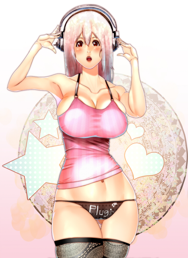 1girl blush breasts cleavage clothes_writing commentary_request female_focus headphones large_breasts long_hair looking_at_viewer navel nitroplus open_mouth panties pink_hair puu_maru red_eyes skindentation solo super_sonico thighhighs underwear
