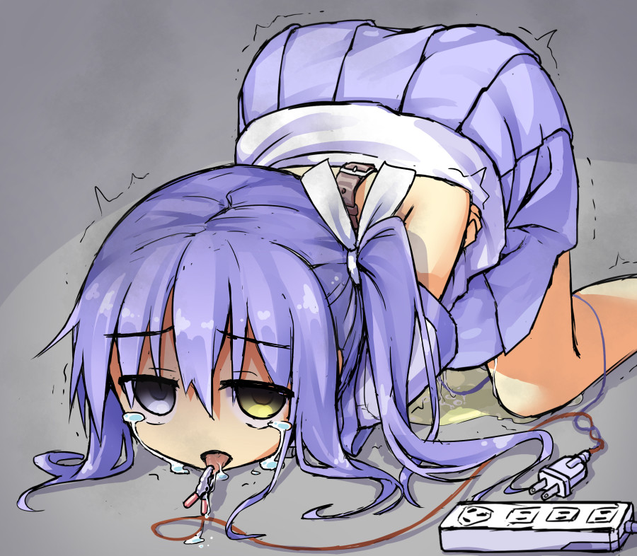 1girl bdsm bondage bound crying crying_with_eyes_open drooling electricity eyebrows_hidden_by_hair female_focus grey_background hair_between_eyes hair_ribbon hassai heterochromia open_mouth original peeing peeing_self piercing pleated_skirt purple_eyes purple_hair purple_skirt ribbon shirt short_sleeves side_ponytail simple_background skirt solo tears top-down_bottom-up white_ribbon white_shirt yellow_eyes