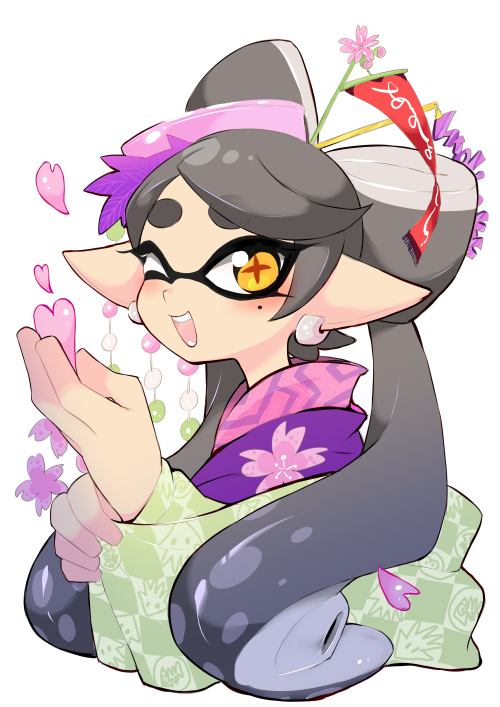 1girl :d black_hair bow-shaped_hair callie_(splatoon) commentary earrings english_commentary flag_hair_ornament flower food food_on_head hair_ornament hair_stick heart hirafumi hoop_earrings inkling jewelry long_hair looking_at_viewer mole mole_under_eye nintendo object_on_head one_eye_closed open_mouth pink_flower pointy_ears simple_background smile solo splatoon_(series) star-shaped_pupils star_(symbol) sushi symbol-shaped_pupils teeth tentacle_hair thick_eyebrows upper_body white_background