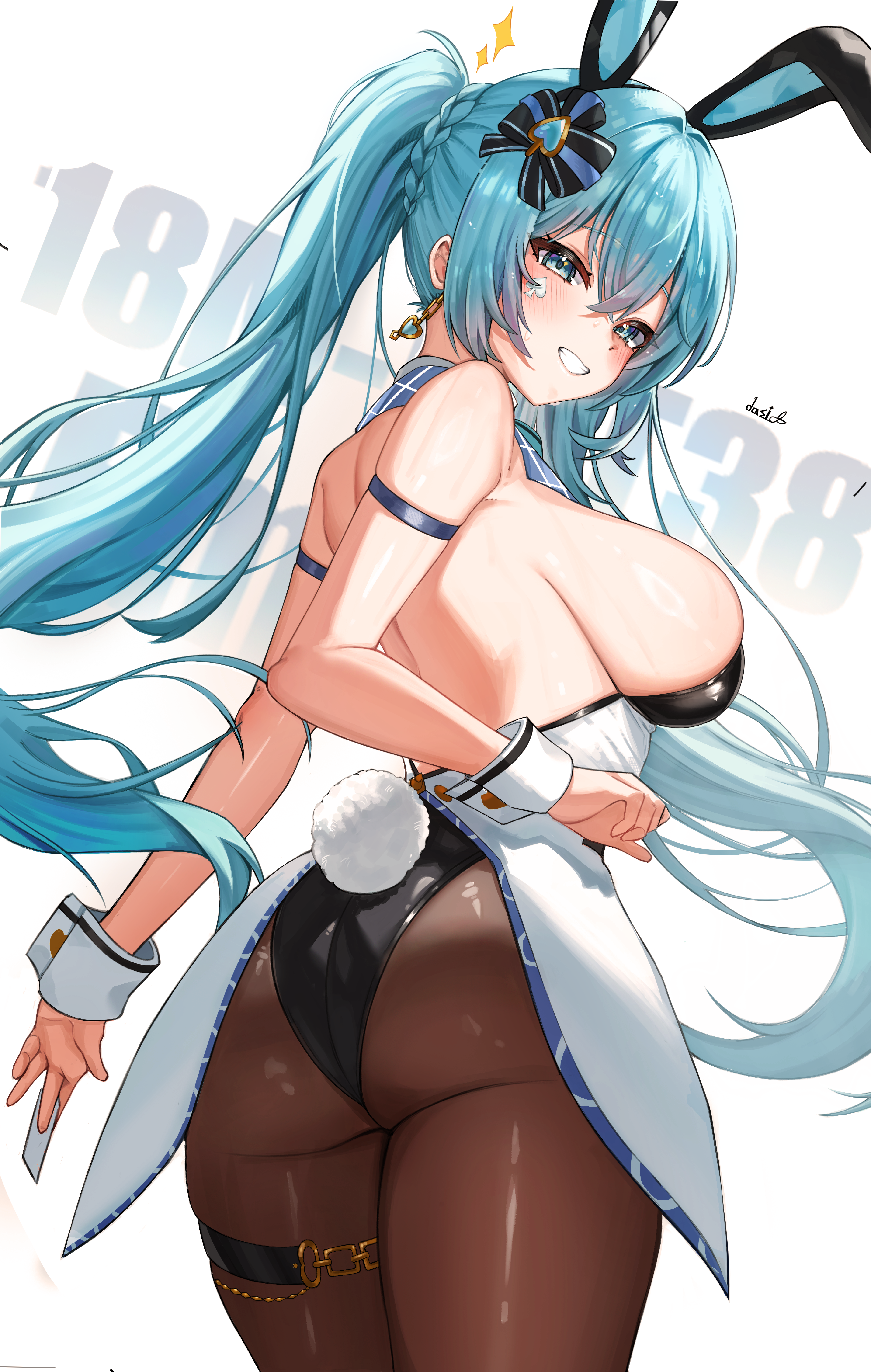 1girl absurdres animal_ears aqua_eyes aqua_hair artist_name ass bare_shoulders black_leotard black_ribbon black_survival braid breasts brown_pantyhose commentary dasi_(kwts3227) earrings emma_hardy eternal_return:_black_survival fake_animal_ears fake_tail hair_ribbon heart heart_earrings highres jewelry large_breasts leotard looking_at_viewer looking_back pantyhose rabbit_tail ribbon sideboob smile solo standing tail twintails white_background