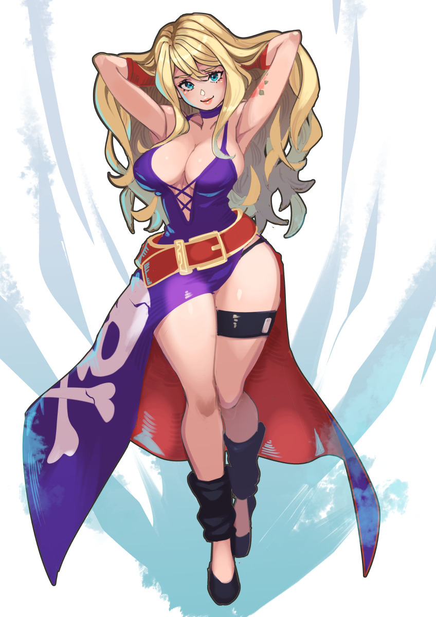 1girl armpits arms_behind_head arms_up belt blonde_hair blue_eyes breasts buckle cleavage collarbone curvy dress fatal_fury full_body garou:_mark_of_the_wolves highres b._jenet kuwango large_breasts leg_warmers long_hair purple_dress shoes skirt smile snk solo tattoo the_king_of_fighters thick_thighs thigh_strap thighs thong wide_hips