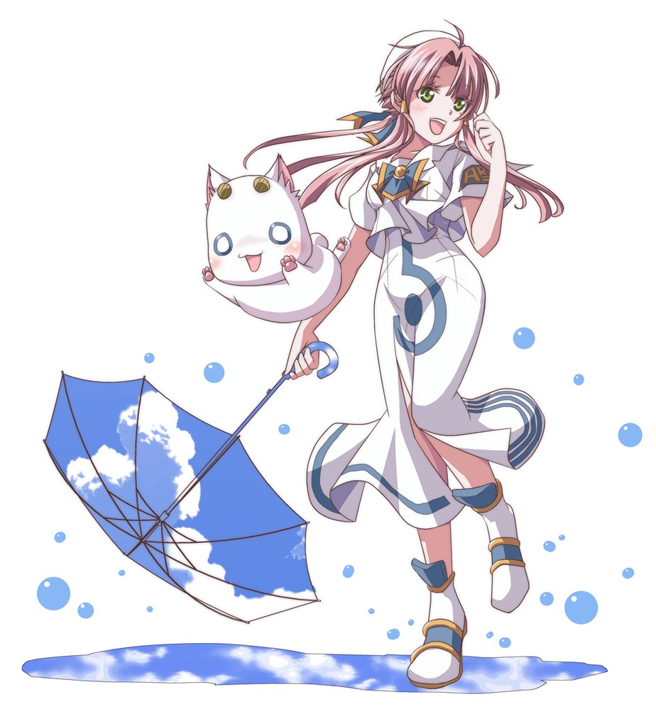1girl aria_(manga) aria_company_uniform aria_pokoteng boots cat dress full_body green_eyes hair_tubes hat holding holding_umbrella long_hair looking_to_the_side mizunashi_akari open_mouth pink_hair sailor_collar sasaki591 standing teeth umbrella upper_teeth_only water_drop white_boots white_dress white_hat white_sailor_collar