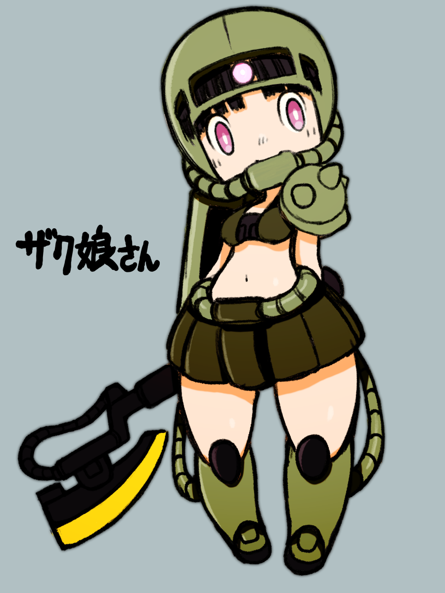 1girl axe beeru_(veil8801) black_hair breasts bright_pupils character_name full_body green_helmet green_skirt grey_background gundam helmet highres medium_breasts miniskirt mobile_suit_gundam navel pink_eyes pleated_skirt short_hair simple_background single_shoulder_pad skirt solo white_pupils zaku_ii