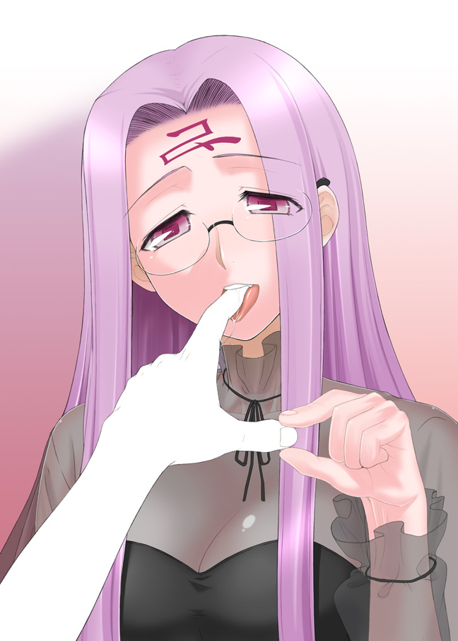 1girl blush breasts casual cleavage fate/stay_night fate_(series) finger_in_mouth finger_sucking glasses long_hair medusa_(fate) medusa_(rider)_(fate) pov purple_eyes purple_hair revision saliva saliva_trail see-through_clothes simple_background siseru_samurai solo_focus square_pupils teeth tongue