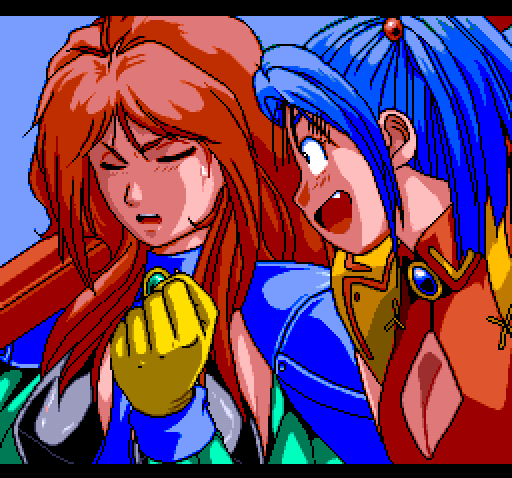 2girls anita_(basted) armor basted blue_hair fang game gems multiple_girls pc_engine pixel_art raiza_(basted) red_hair